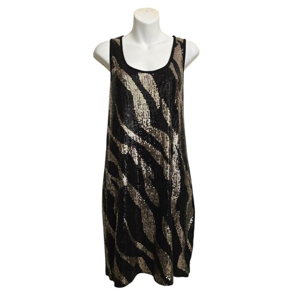 Michael Kors Zebra Print Gold & Black Sequin Mini Cocktail Shift Dress Sz L - Picture 1 of 7